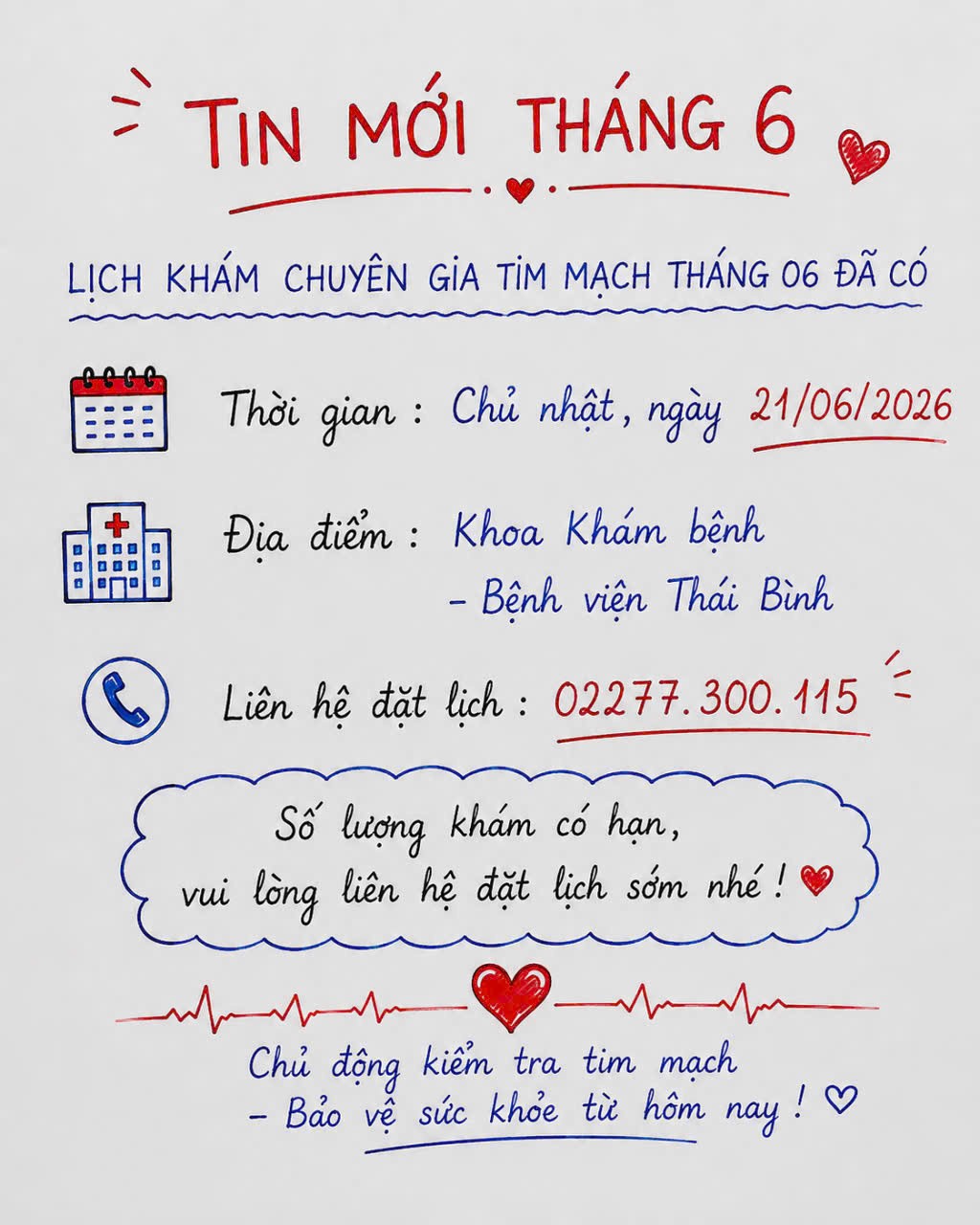 LỊCH KHÁM CHUYÊN GIA TIM MẠCH THÁNG 06/2026
